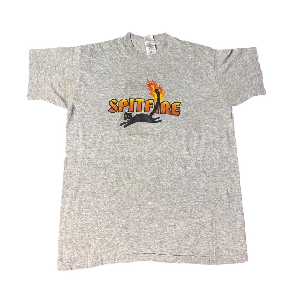 Vintage 90s Spitfire Skateboard Wheels Cat Flame T-Shirt Grey Made in USA Large